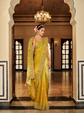 Mustard Yellow & Pastel Green Tissue Satin Traditional Saree with Embroidery & Handwork - 7804